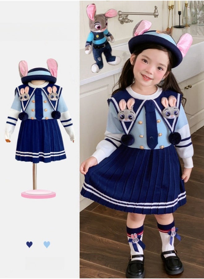 Four Piece Set —Children's Fashionable And Stylish Cartoon Pleated Knitted Long Sleeved Dress, Hat, Socks, Hair Hoop