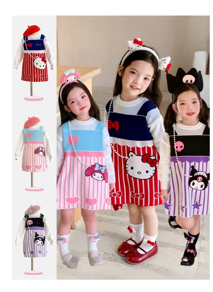 Girl's Stylish Cartoon Love Fake Two-Piece Sweater Knitted Dress