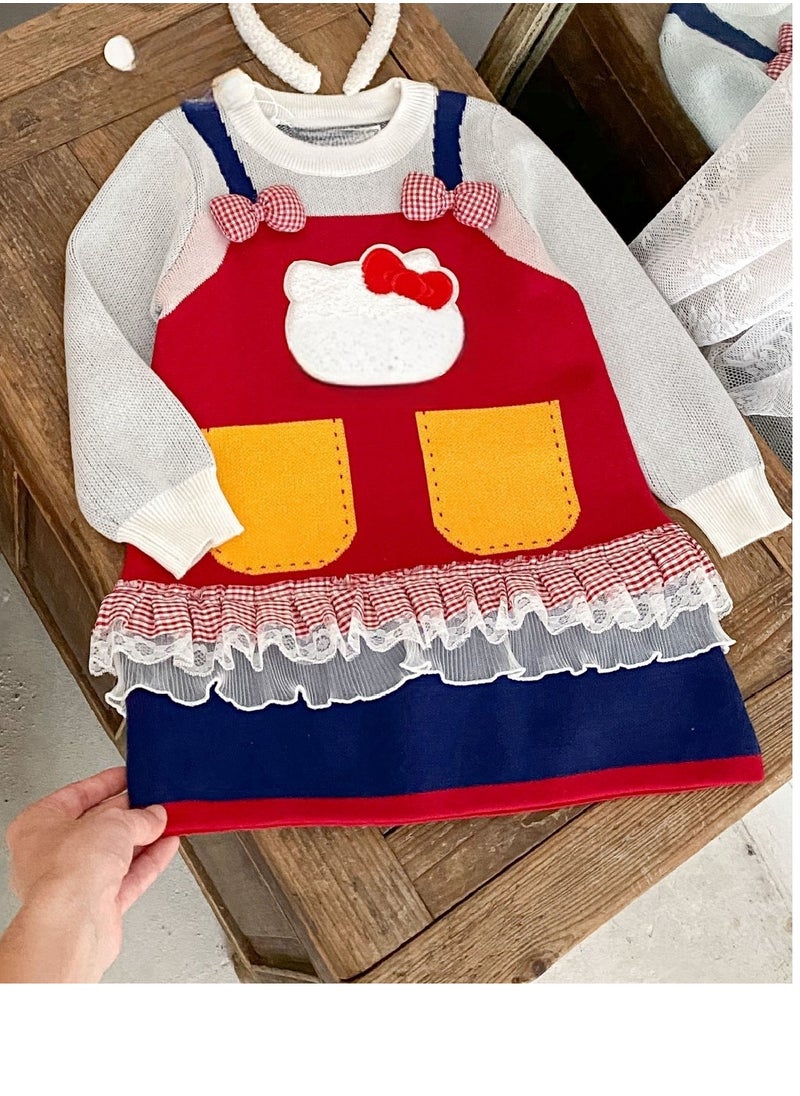 Girl Cartoon Fake Two Sweaters Cute Bow Knit Dress