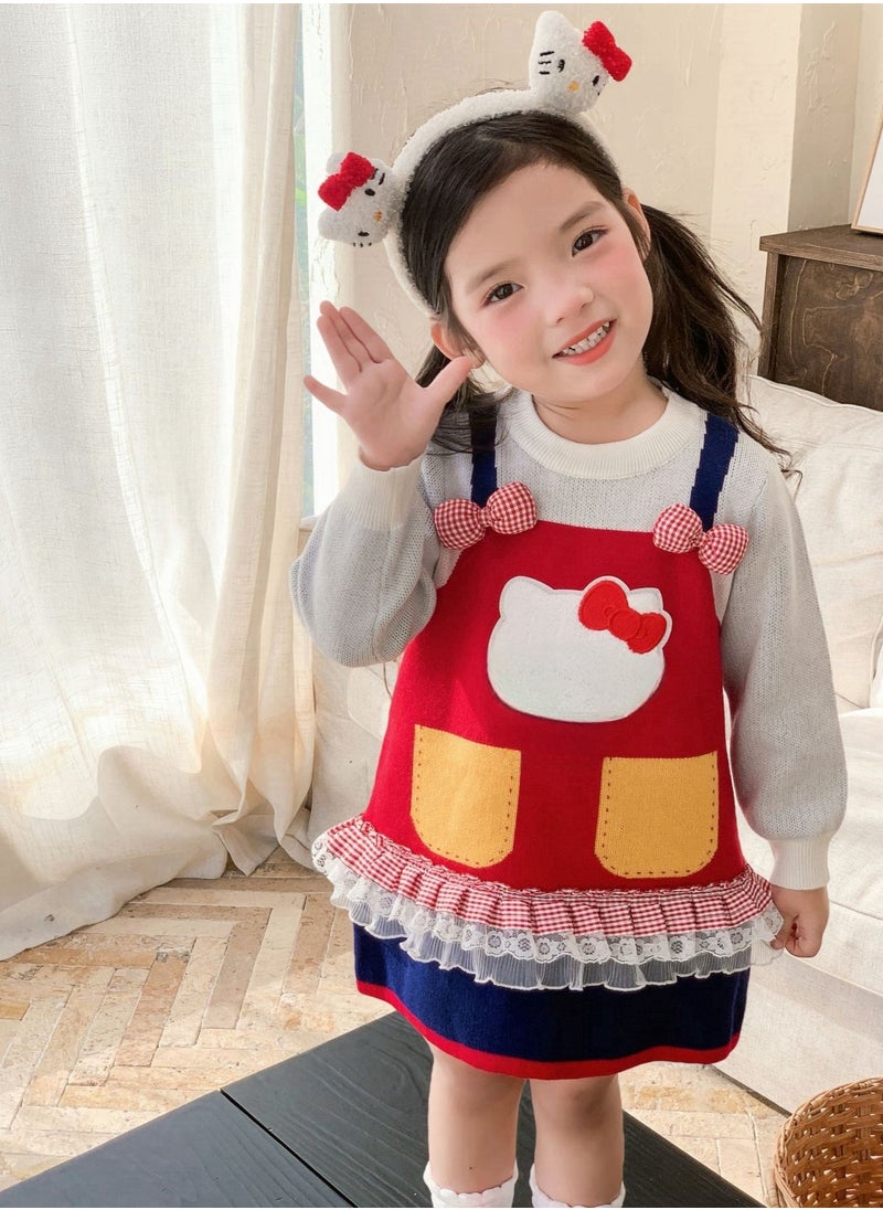 Girl Cartoon Fake Two Sweaters Cute Bow Knit Dress