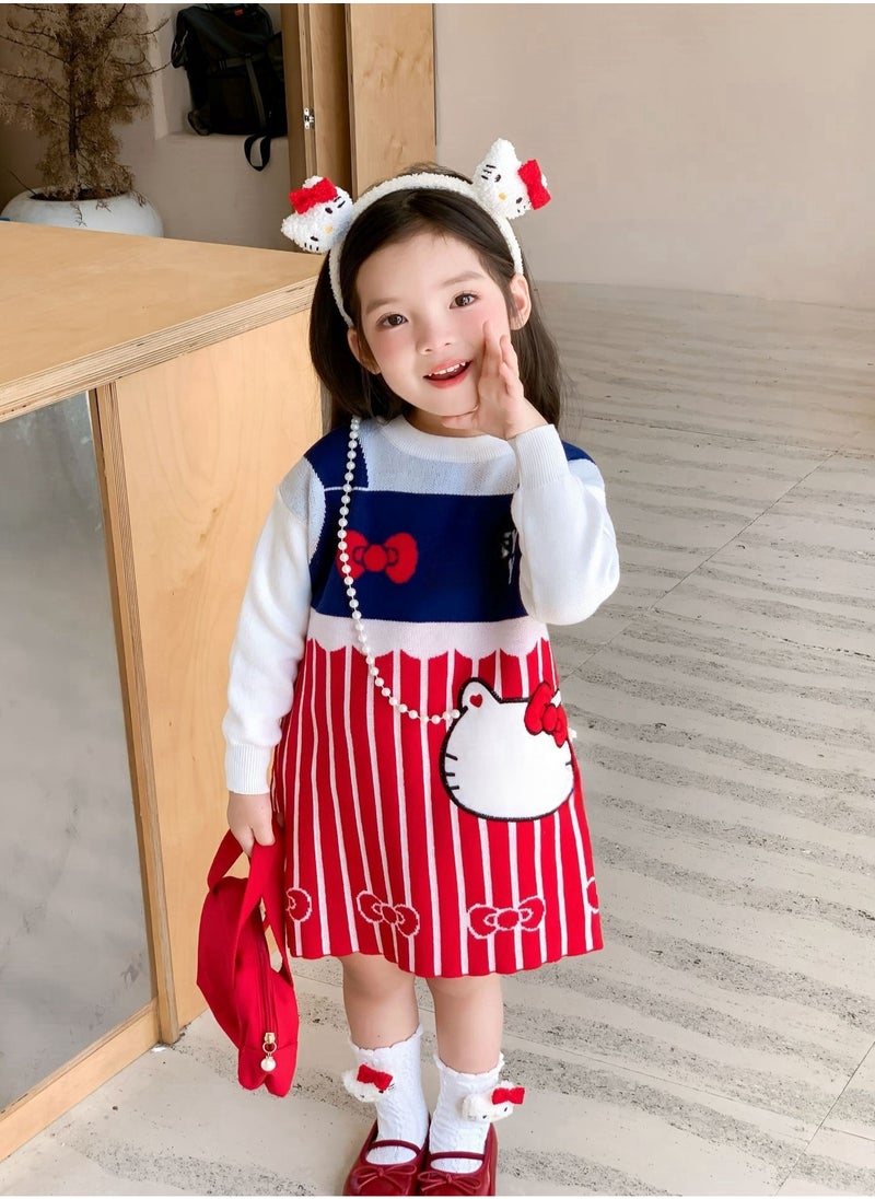 Three Piece Set — Girl's Stylish Cartoon Love Fake Two-Piece Sweater Knitted Dress Hair Hoop Handbag