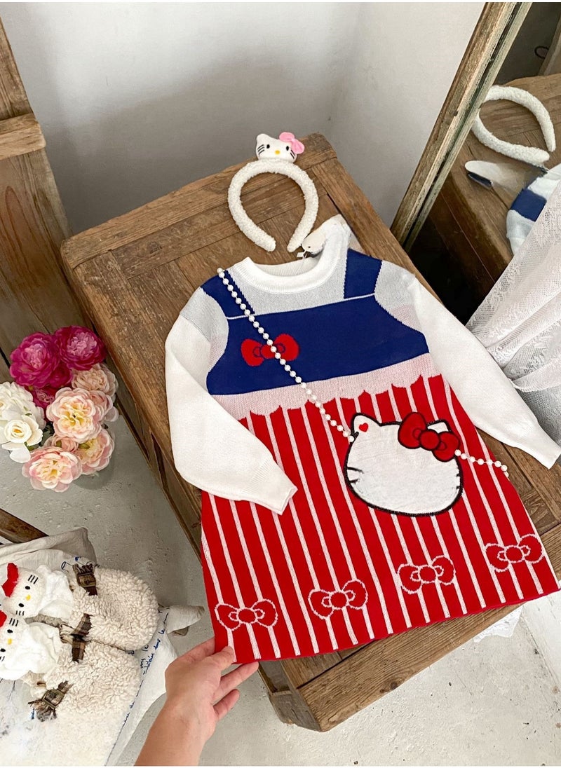 Three Piece Set — Girl's Stylish Cartoon Love Fake Two-Piece Sweater Knitted Dress Hair Hoop Handbag