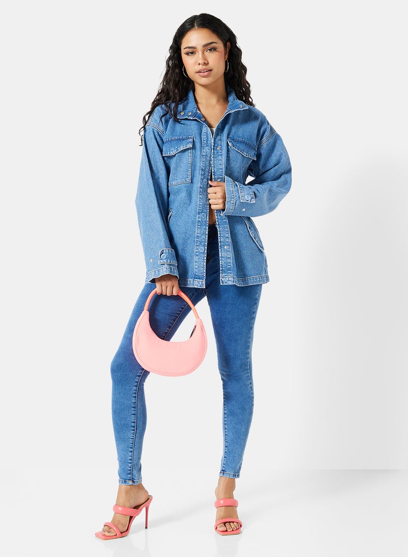 Belted Oversized Denim Jacket Blue