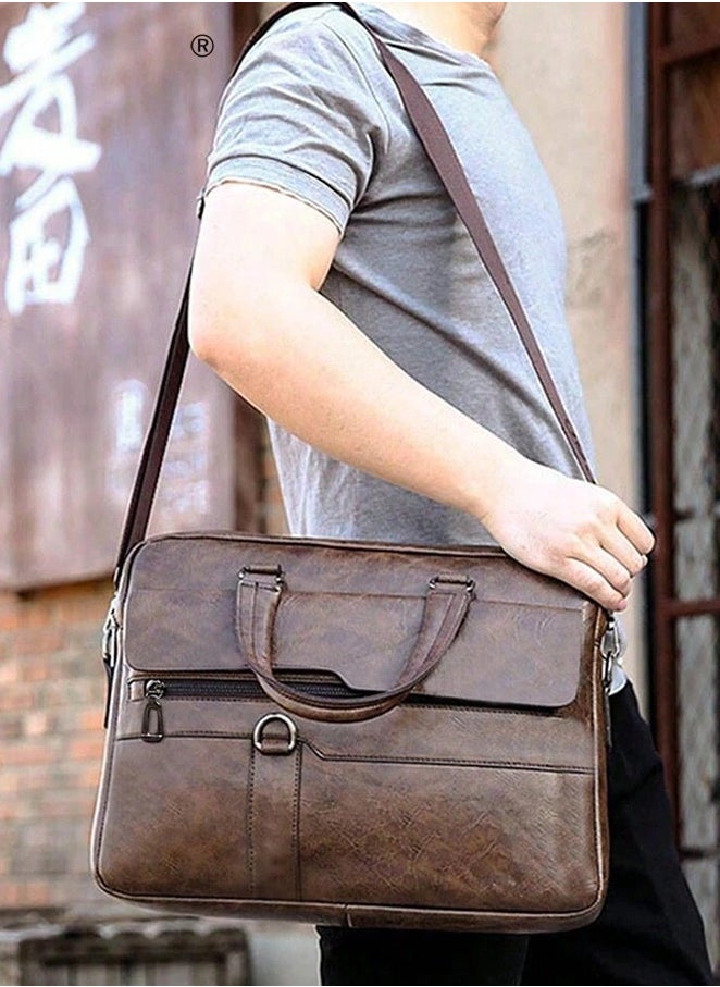 Dark Brown Business Messenger Bag Briefcase Retro Chic PU Leather 14-Inch Laptop Handbag