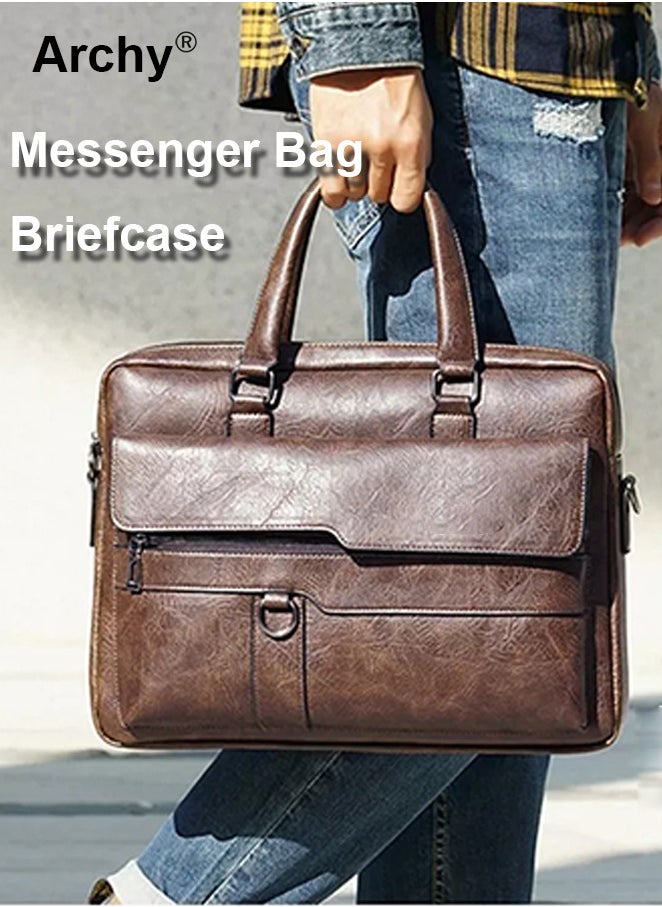 Dark Brown Business Messenger Bag Briefcase Retro Chic PU Leather 14-Inch Laptop Handbag