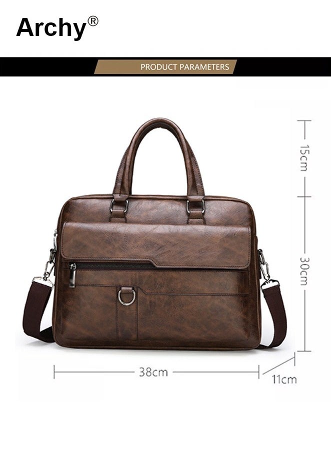 Dark Brown Business Messenger Bag Briefcase Retro Chic PU Leather 14-Inch Laptop Handbag