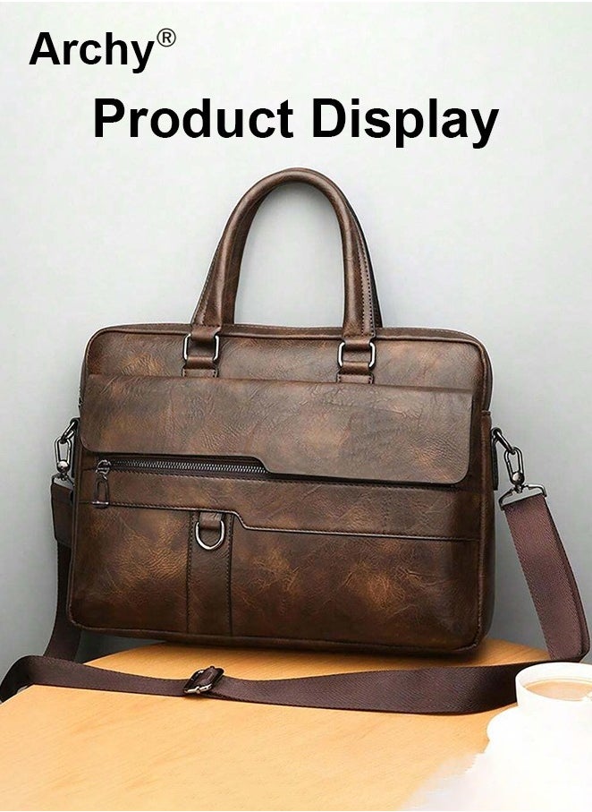 Dark Brown Business Messenger Bag Briefcase Retro Chic PU Leather 14-Inch Laptop Handbag