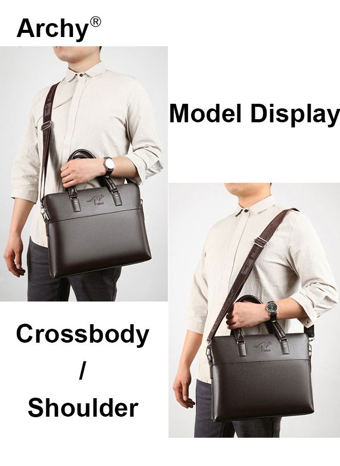 Men's Business Leather Briefcase Classic PU 14-Inch Laptop Bag Slim Messenger Bag