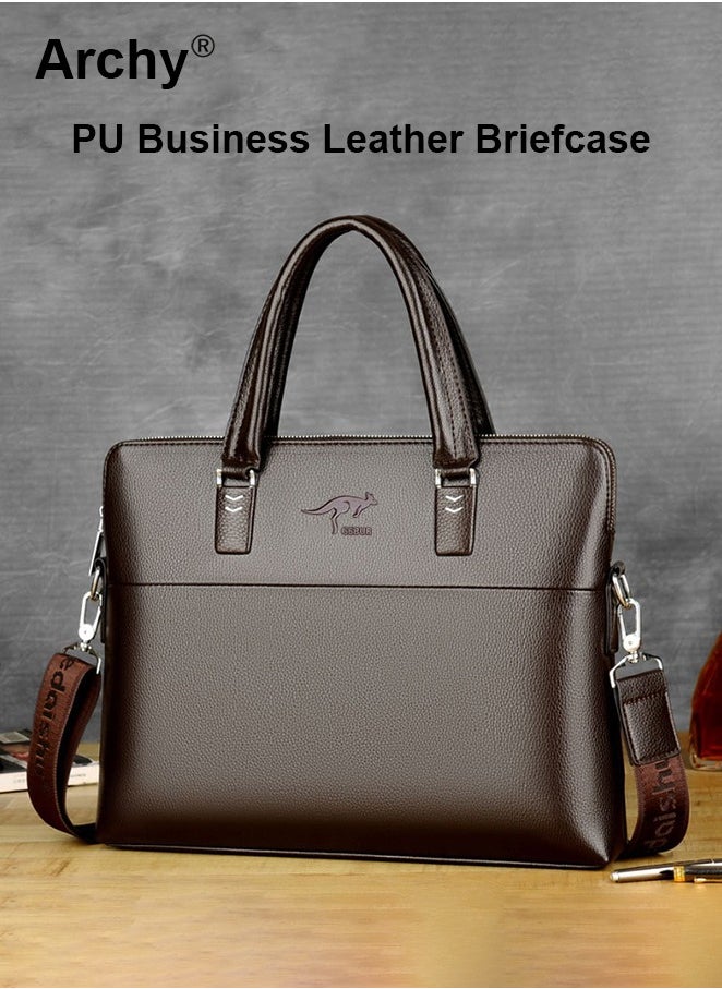 Men's Business Leather Briefcase Classic PU 14-Inch Laptop Bag Slim Messenger Bag