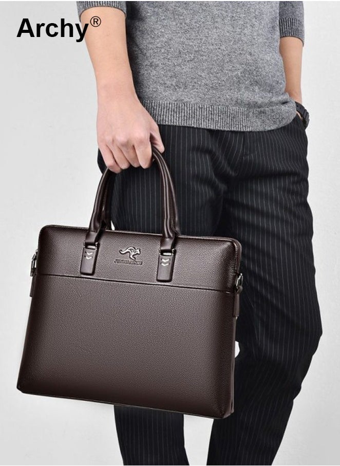 Men's Business Leather Briefcase Classic PU 14-Inch Laptop Bag Slim Messenger Bag