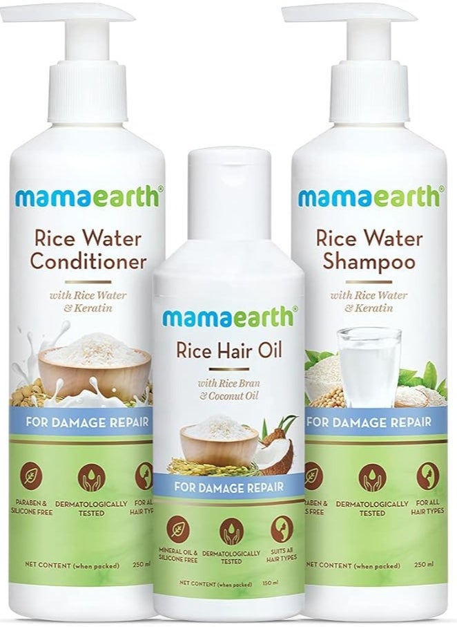 MAMAEARTH Rice Hair Oil, 150ml with Rice Water Shampoo, 250ml and Rice Water Conditioner - 250ml