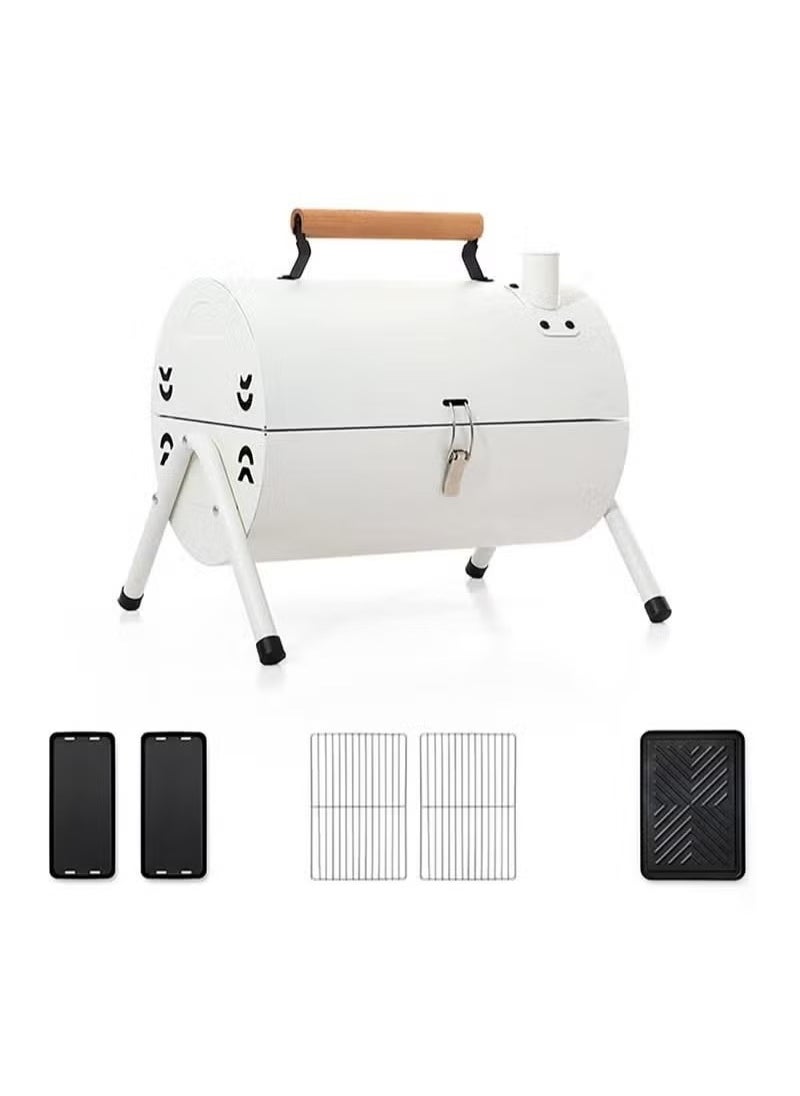 Portable Charcoal Grill With Cover And Chimney，Double Sided Barbecue,Tabletop BBQ Grill For Outdoor Camping Backyard Party Cooking ,White