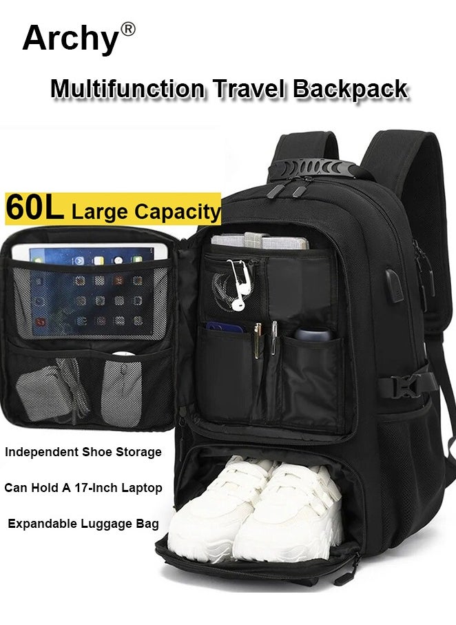 Unisex Hiking Backpack 60L Large Capacity Expandable Luggage Bag with USB Port Independent Shoes Compartment Travel Backpack