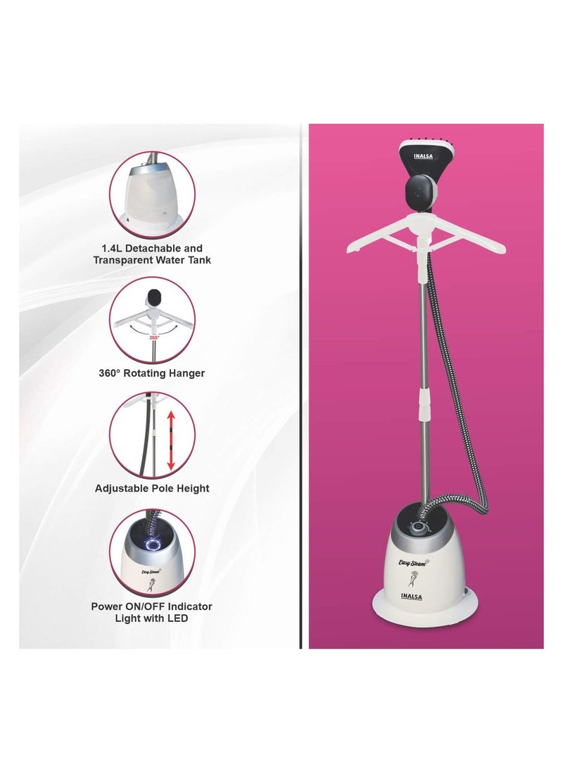 Garment Steamer Easy Steam 1600W with Detachable Fabric Brush & Stainless Steel Sole Plate, Fast Heat-Up, Portable Vertical Steamer for Clothes, White/Black