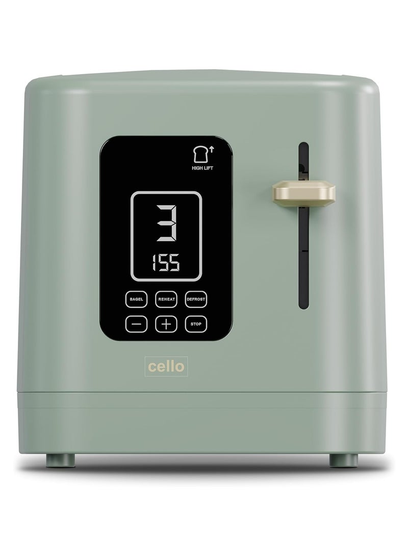 Digital 2 Slice Toaster - 800W with Timer & Wide Slot in Sage Green