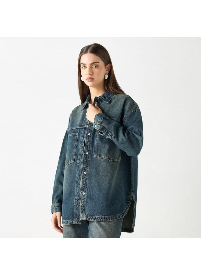 Lee Cooper Solid Denim Shirt with Long Sleeves and Pockets