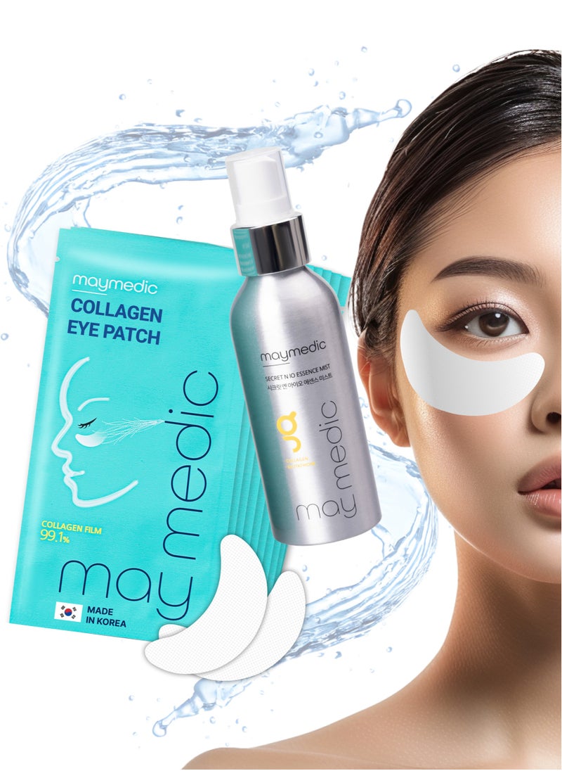 Korean Skincare Bundle - Collagen Eye Mask Patches & Hydrating Essence Mist - Anti-Aging, Brightening, and Moisturizing for Youthful, Radiant Skin