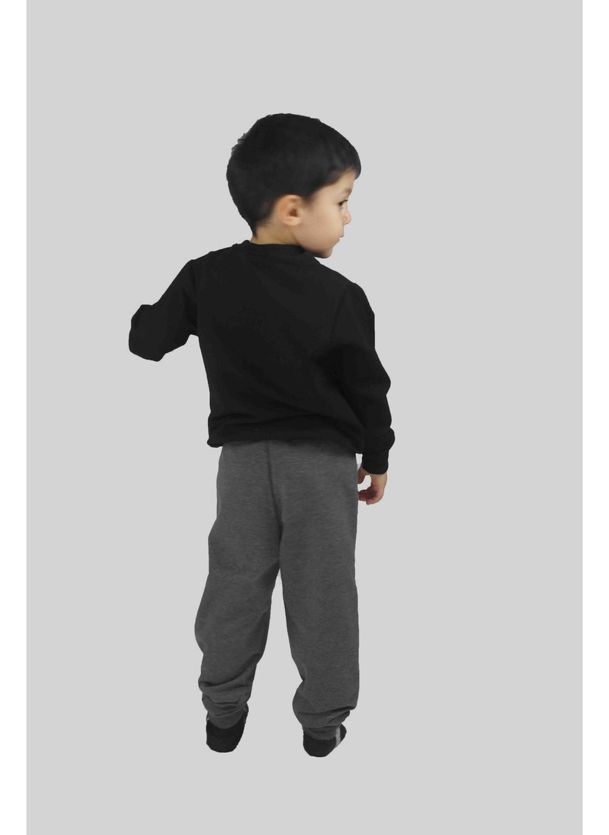 Boy's Printed Black Cotton Tracksuit Set