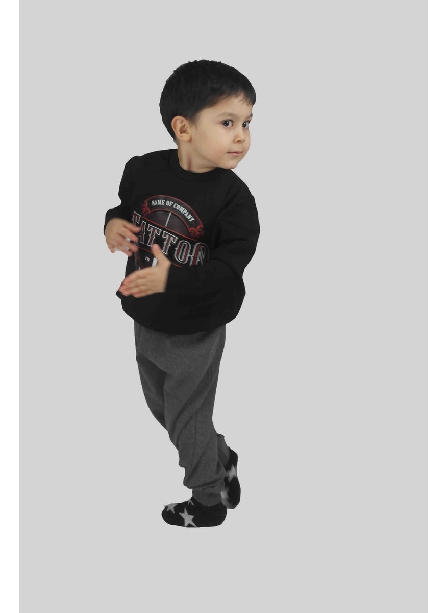 Boy's Printed Black Cotton Tracksuit Set