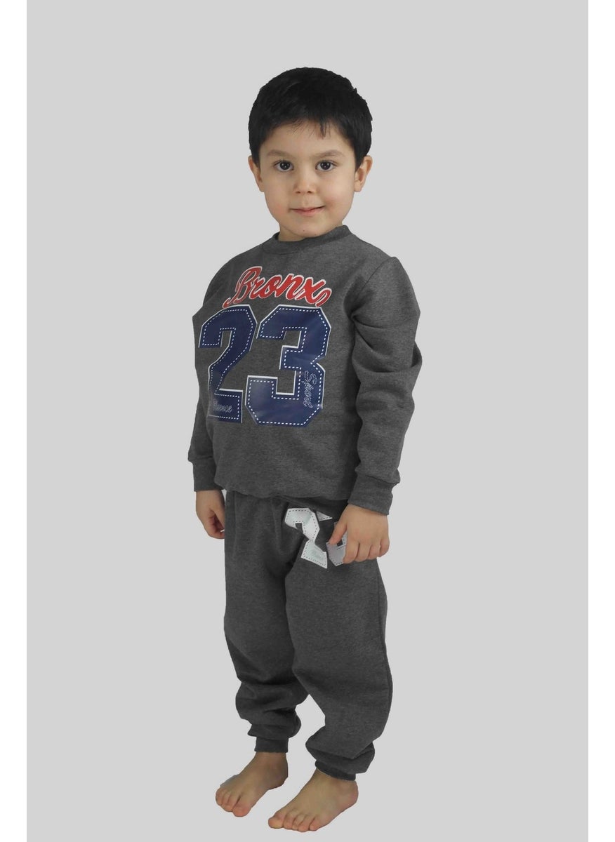 Boy's Printed Anthracite Cotton Tracksuit Set