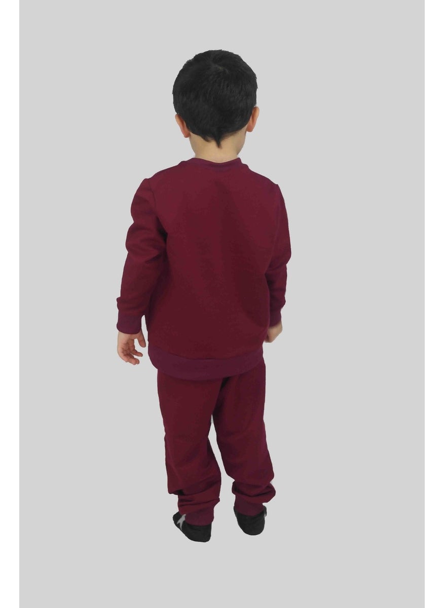 Boy's Printed Claret Red Cotton Tracksuit Set