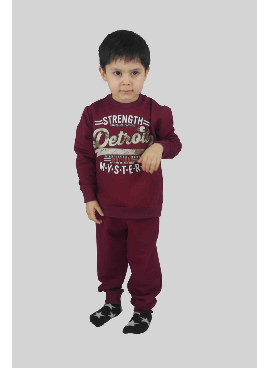 Boy's Printed Claret Red Cotton Tracksuit Set