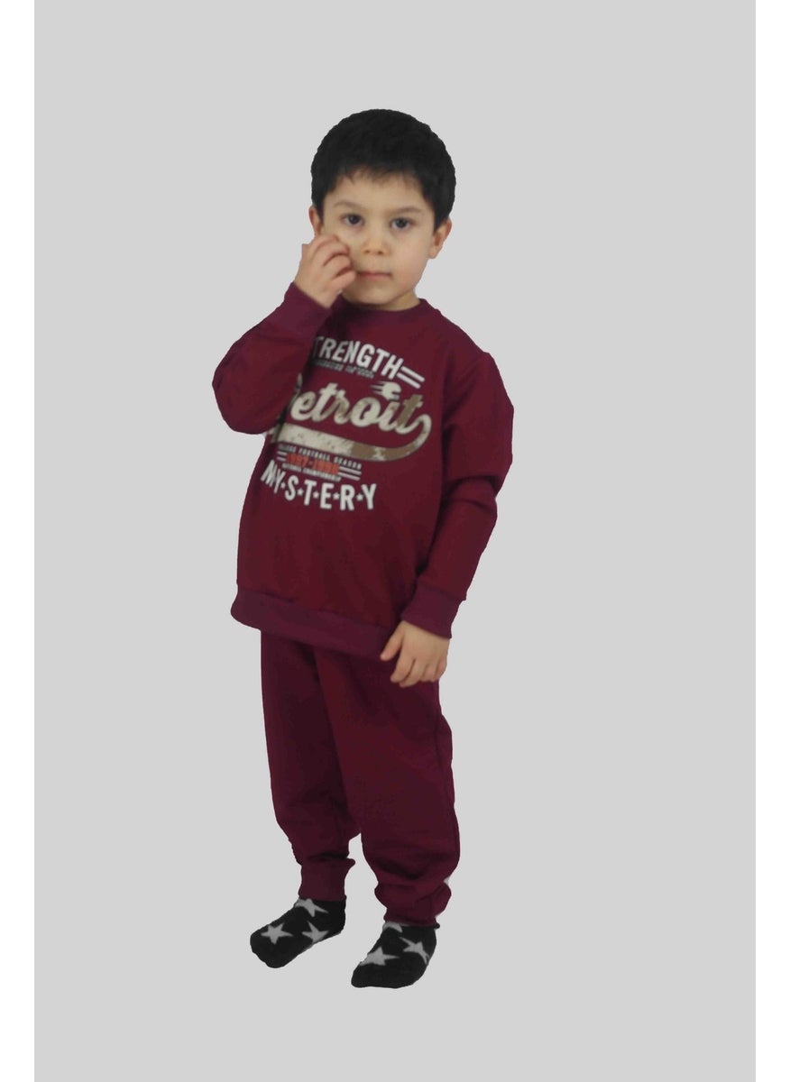 Boy's Printed Claret Red Cotton Tracksuit Set