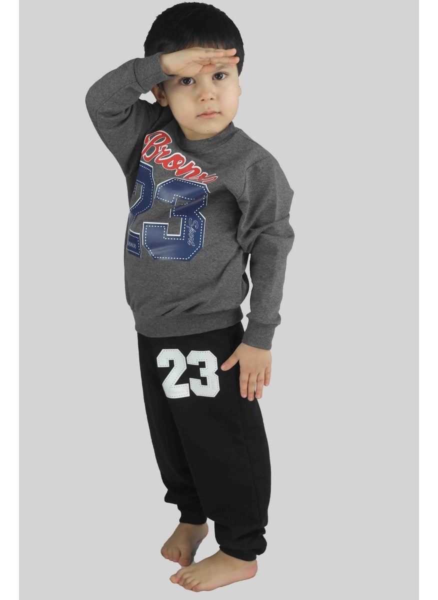 Boy's Printed Anthracite Cotton Tracksuit Set