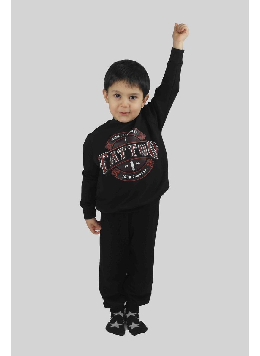 Boy's Printed Black Cotton Tracksuit Set