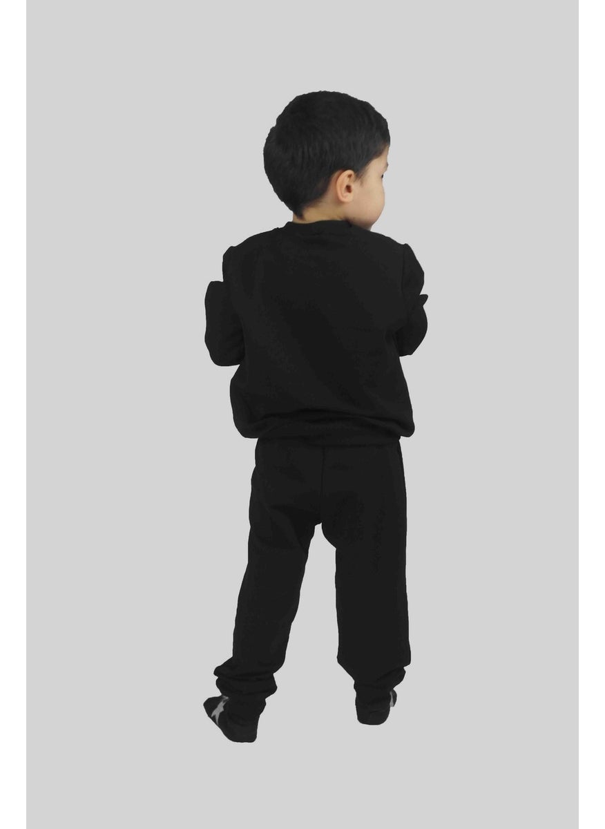 Boy's Printed Black Cotton Tracksuit Set