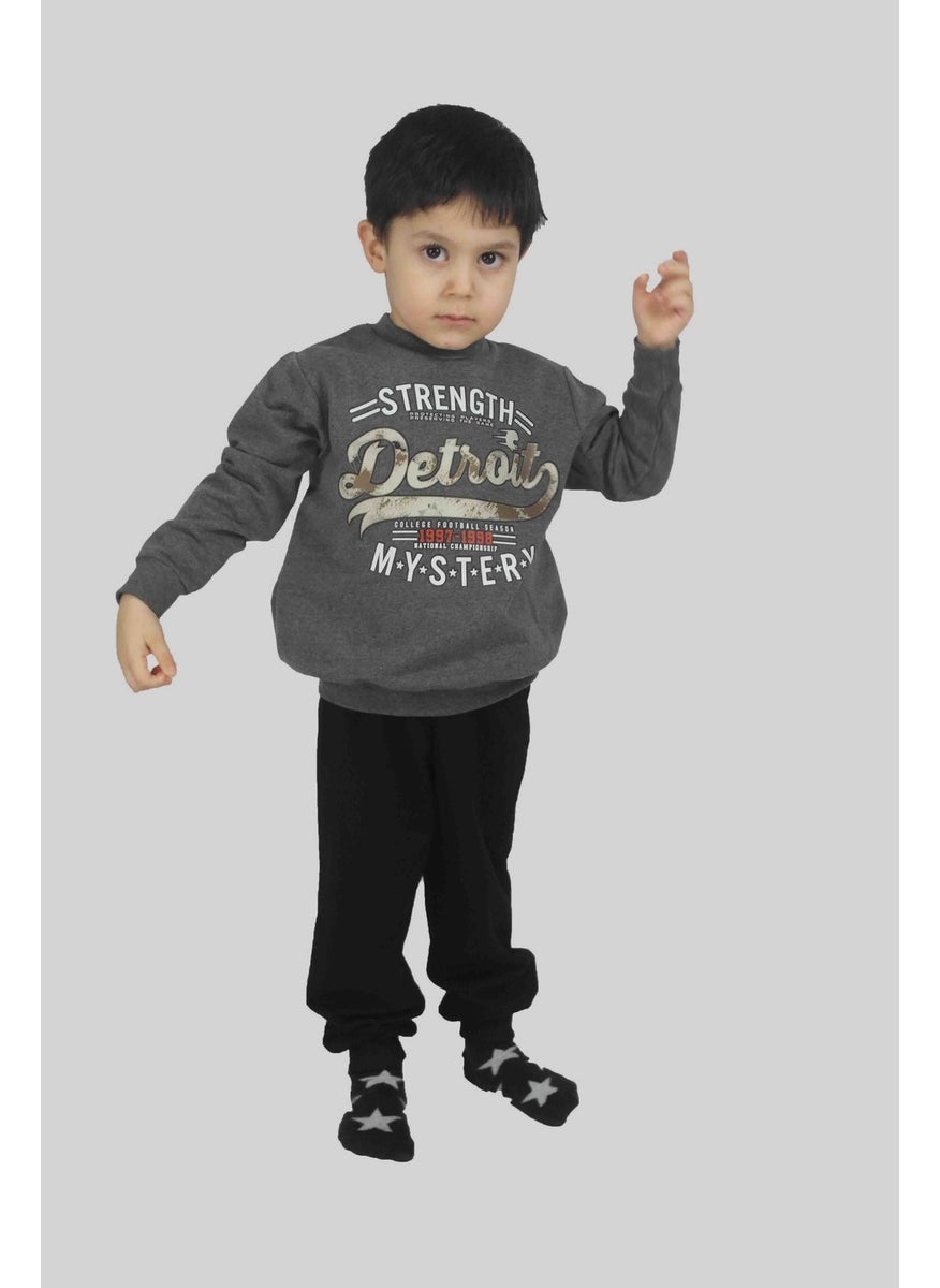 Boy's Printed Anthracite Cotton Tracksuit Set