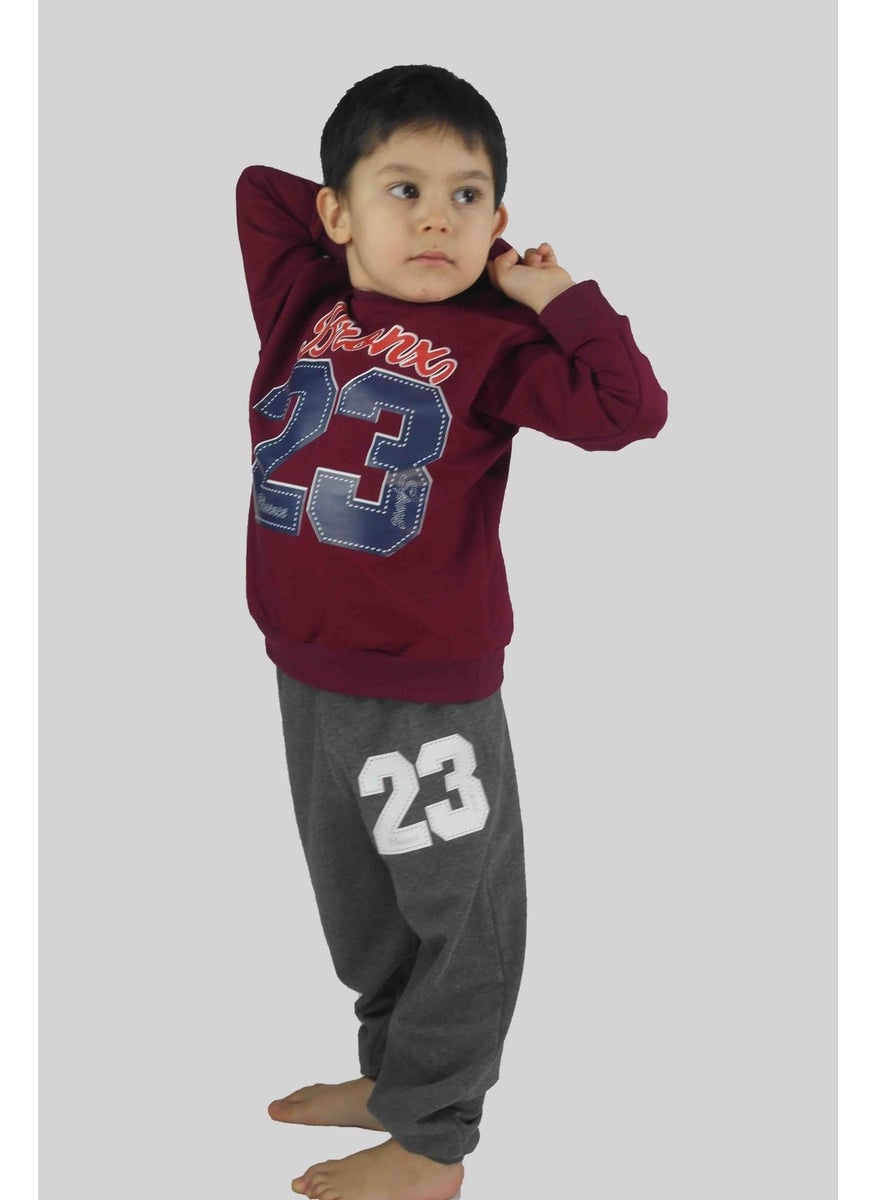 Boy's Printed Claret Red Cotton Tracksuit Set