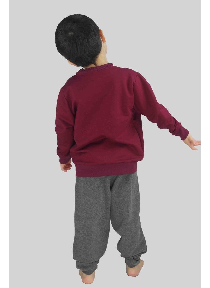 Boy's Printed Claret Red Cotton Tracksuit Set