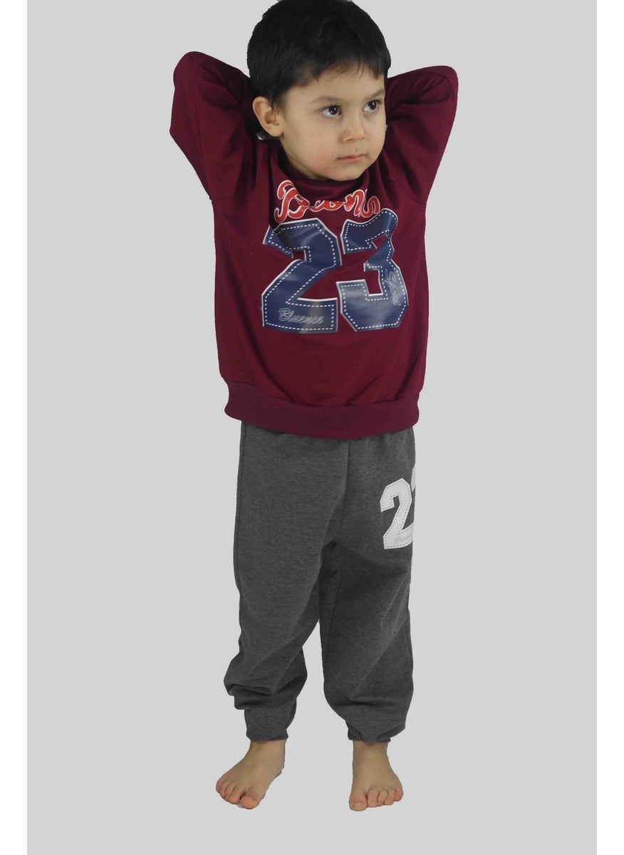 Boy's Printed Claret Red Cotton Tracksuit Set