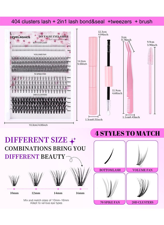 4 Styles DIY Eyelash Extension Kit 404 Clusters, 5-16MM Mixed Individual Lashes Cluster, Natural Curl Personal Eyelash Set, Segmented False Eyelashes, Thick Eyelashes