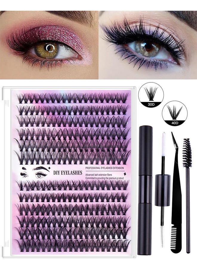 Segmented False Eyelash Set 240 Clusters, 30D 40D Mix Lash Clusters, With Double Headed Glue, Tweezers And Eyelash Brush, Eyelash Extension Kit, Enlarge Eyes Naturally, Curl Eyelash, DIY Eyelashes