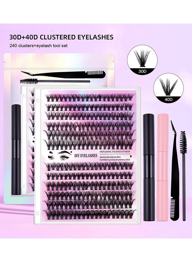 Segmented False Eyelash Set 240 Clusters, 30D 40D Mix Lash Clusters, With Double Headed Glue, Tweezers And Eyelash Brush, Eyelash Extension Kit, Enlarge Eyes Naturally, Curl Eyelash, DIY Eyelashes