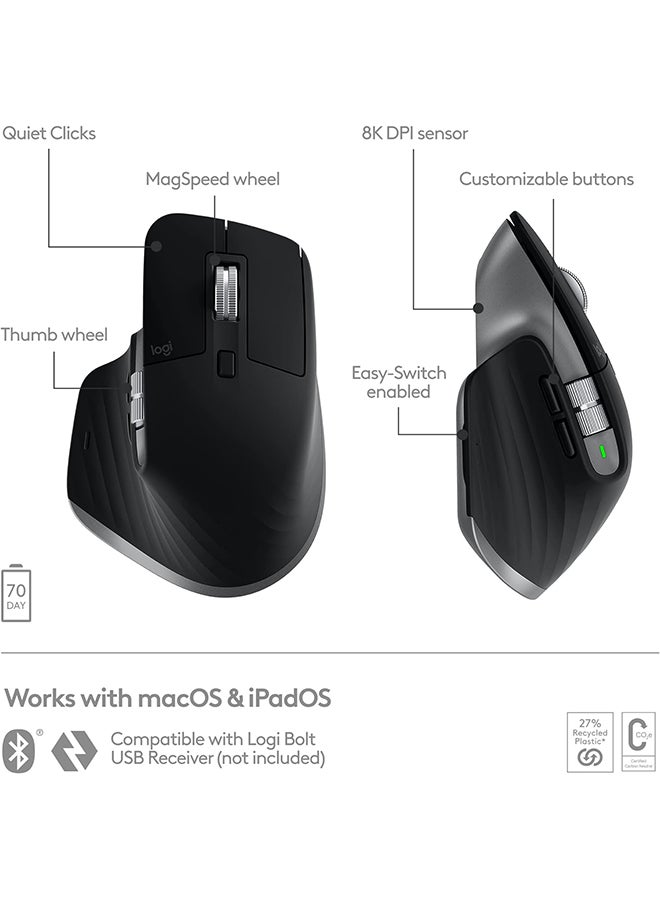 Logitech MX Master 3S Performance Wireless Mouse for Mac with Ultra-fast Scrolling, Ergo, 8K DPI, Track on Glass, Quiet Clicks, USB-C, Bluetooth, Windows, Linux, Chrome - Graphite