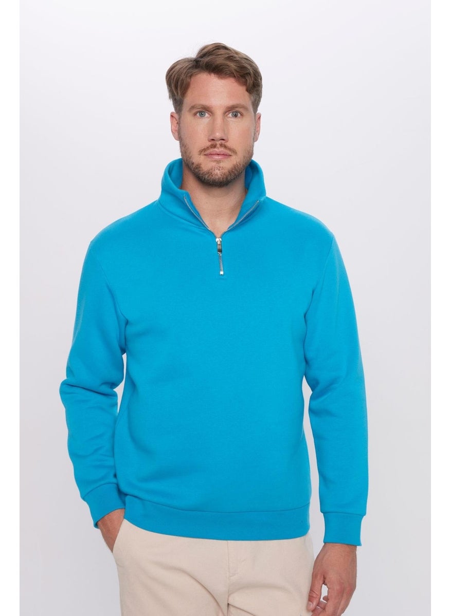 Unisex Relax Fit Comfortable Cut Cotton Fleece Inside Half Zipper Turquoise Stand Collar Sweatshirt