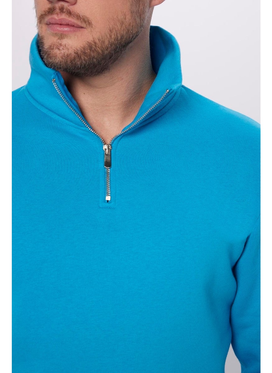 Unisex Relax Fit Comfortable Cut Cotton Fleece Inside Half Zipper Turquoise Stand Collar Sweatshirt