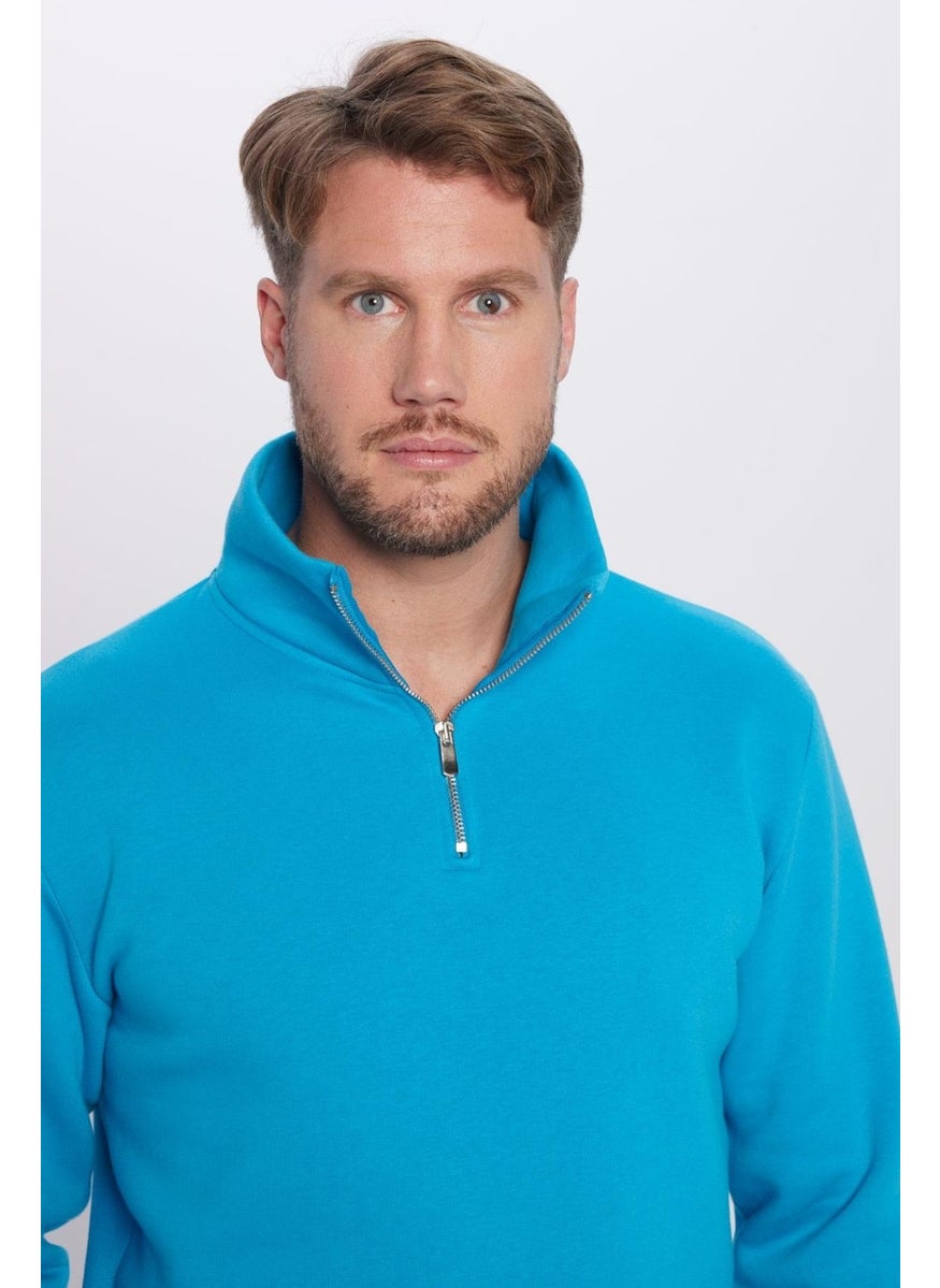 Unisex Relax Fit Comfortable Cut Cotton Fleece Inside Half Zipper Turquoise Stand Collar Sweatshirt