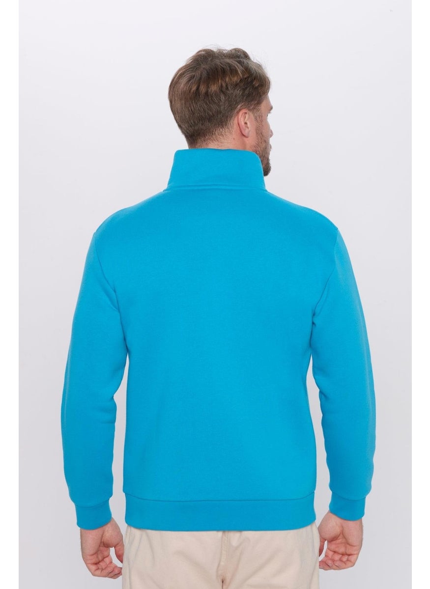 Unisex Relax Fit Comfortable Cut Cotton Fleece Inside Half Zipper Turquoise Stand Collar Sweatshirt