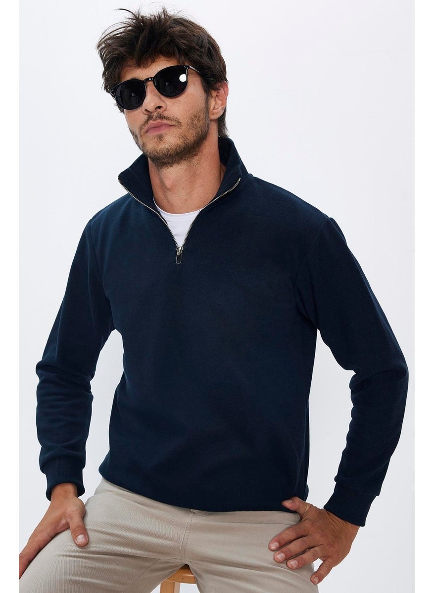 Men's Relax Fit Comfortable Cut Cotton Navy Blue Stand Collar Sweatshirt