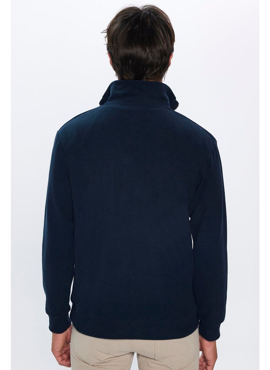 Men's Relax Fit Comfortable Cut Cotton Navy Blue Stand Collar Sweatshirt