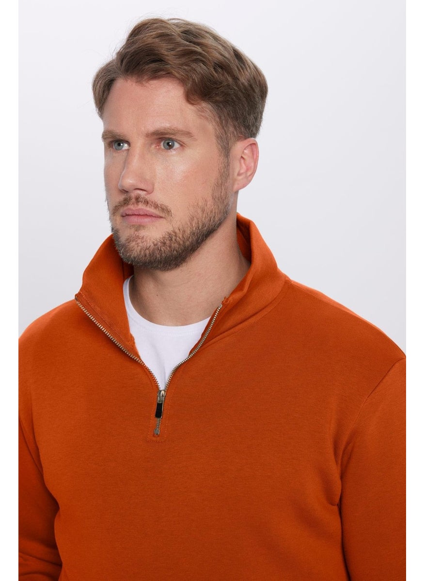 Unisex Relax Fit Comfortable Cut Cotton Half Zipper Polar Fleece Inside Brick Color Stand Collar Sweatshirt