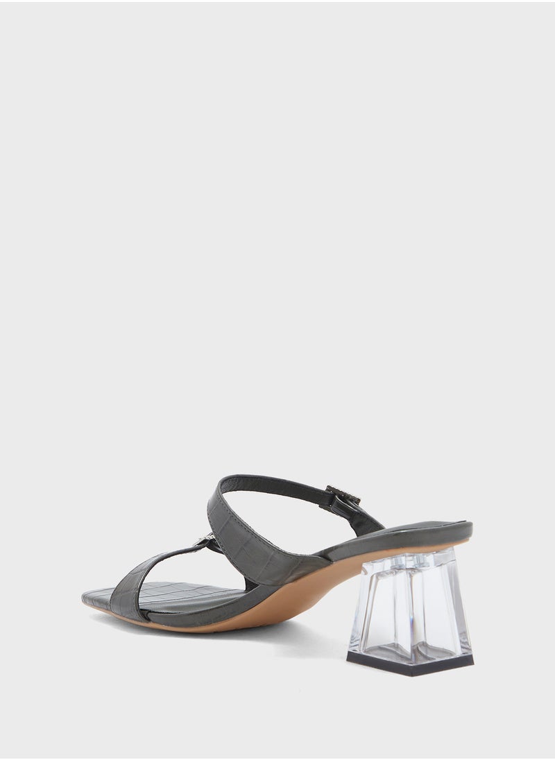 Buckled Double Strap Croc  Clear Block Heel Sandal