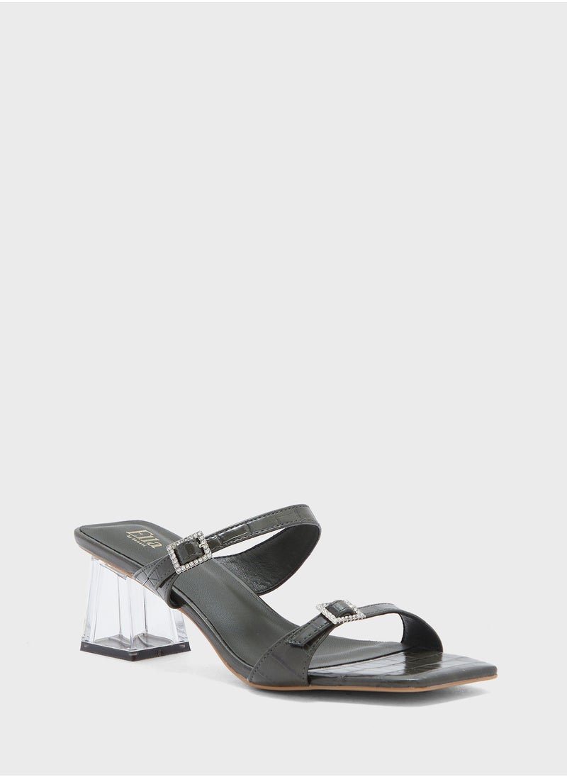 Buckled Double Strap Croc  Clear Block Heel Sandal