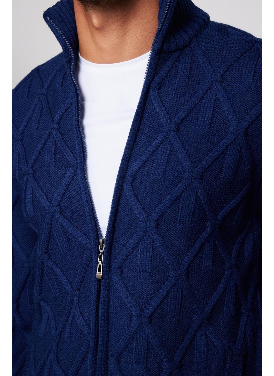 Men's Slim Fit Patterned Stand Collar Zippered Sax Blue Cardigan