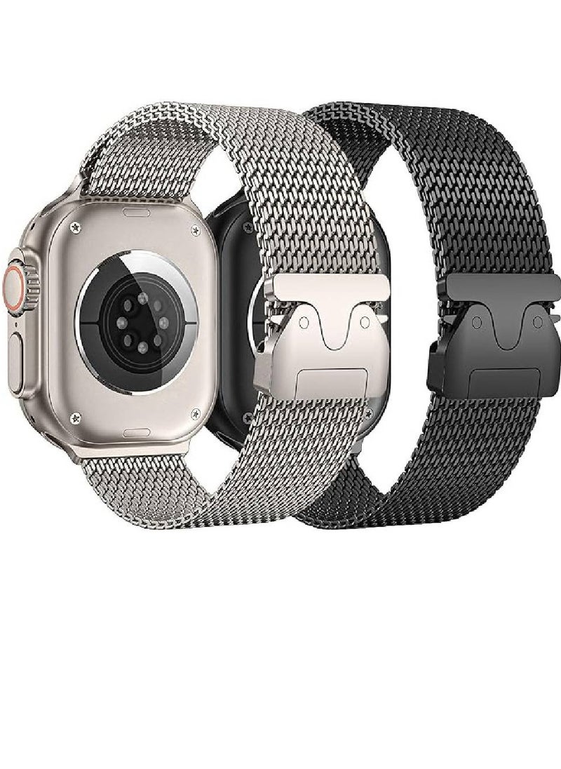 2 Pack Milanese Loop Compatible with Apple Watch Bands 49mm 46mm 45mm 44mm 42mm for Men Women, Stainless Steel Mesh Loop with Parachute-style Buckle for iWatch Ultra 2 Series 10 9 8 7 6 SE 5 4 3