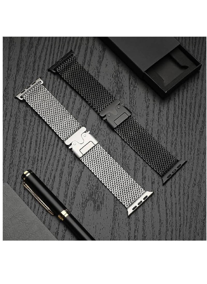 2 Pack Milanese Loop Compatible with Apple Watch Bands 49mm 46mm 45mm 44mm 42mm for Men Women, Stainless Steel Mesh Loop with Parachute-style Buckle for iWatch Ultra 2 Series 10 9 8 7 6 SE 5 4 3